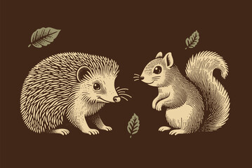 Cute hedgehog and squirrel. Monochrome hand drawn realistic vector illustration, print, emblem © Victoria