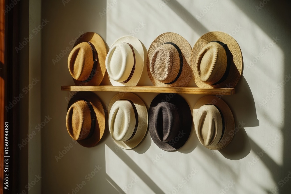Poster a collection of classic fedora hats is artfully arranged on a wooden shelf, illuminated by warm sunl