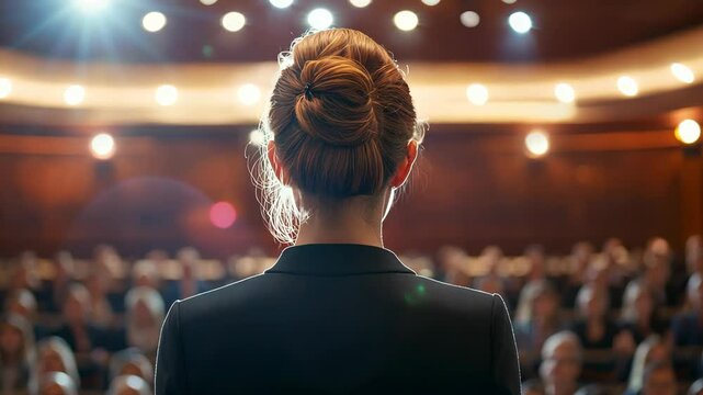 A woman stands on stage in front of a large audience, facing the crowd and addressing them