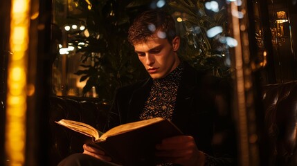 Elegant Gentleman Reading in Vintage Cafe - Dark Academia Fashion Shoot with Fitted Jacket and Leather-Bound Book in Dimly-lit Setting