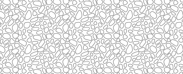 Round stone mosaic pattern. White or transparent pebbles with black outline. Abstract vector seamless background with rounded elements. For interior, travel, beauty and spa, textile design
