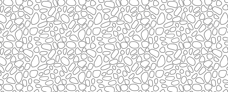 Round stone mosaic pattern. White or transparent pebbles with black outline. Abstract vector seamless background with rounded elements. For interior, travel, beauty and spa, textile design