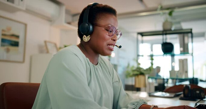 Customer support, contact us and black woman agent in office for inbound crm, sales and telemarketing. Call center, headset and African advisor with multilingual technical service for translation.