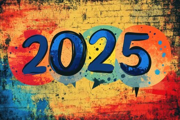 Colorful 2025 mural with speech bubbles representing the vibrant atmosphere of a creative urban area