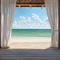 Serene Beach View Through Open Curtains