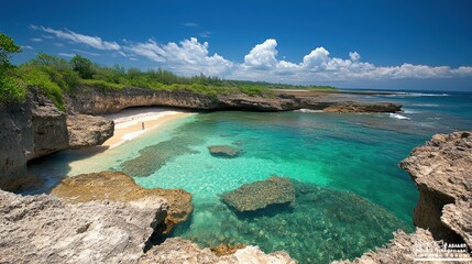 Fototapeta premium A secluded beach with clear turquoise water and white sand, surrounded by rocky cliffs and lush vegetation under a blue sky with white clouds.