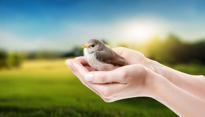 Holding a little bird in hands 