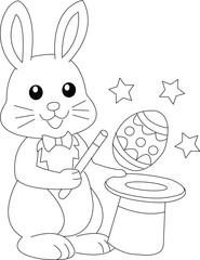 Easter Bunny with a magic wand pulling out decorated eggs from a wizard hat coloring page
