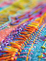 Obraz premium A close-up of colorful threads woven into a tapestry, showcasing intricate detail and vibrant hues