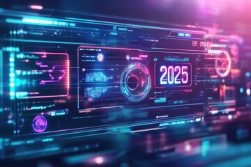 Fototapeta premium Futuristic digital display showcasing data and visuals for the year 2025 in a high-tech setting