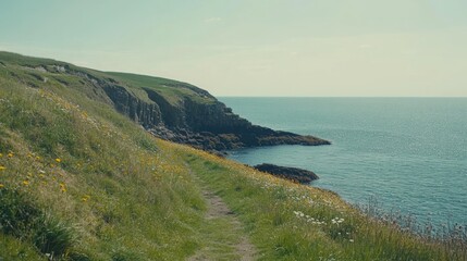 A winding path leads along a grassy clifftop towards the vast blue ocean.