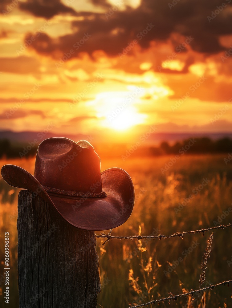 Poster a rustic cowboy hat is placed on a weathered fence post against a backdrop of a vibrant sunset over 