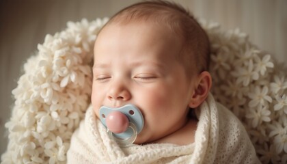 Newborn baby with a pacifier, peacefully sleeping in cozy setting, exuding innocence and tranquility