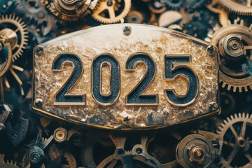 A detailed clock face displaying the year 2025 among intricate gears in a vintage setting