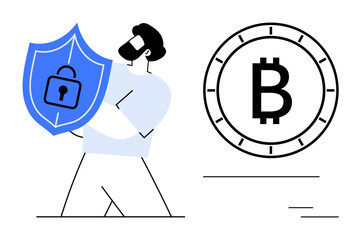 Man holding a blue shield with a lock beside a Bitcoin symbol, emphasizing digital security. Ideal for cryptocurrency, blockchain, internet safety, financial security, fintech, data protection