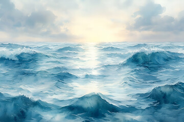 Fototapeta premium A tranquil ocean scene with gentle waves and soft sunlight peeking through clouds, creating a serene and calming atmosphere.