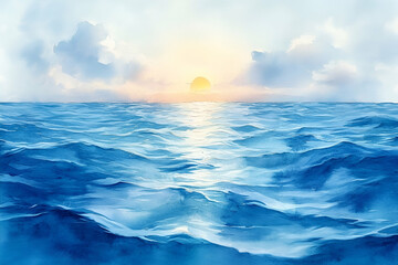 Obraz premium A serene seascape featuring gentle waves under a bright sky, with a warm sunset illuminating the horizon and creating a tranquil atmosphere.