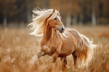 Obraz premium Red and palomino horse with long blond mane in motion on field