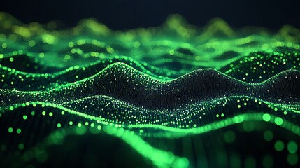 Green dots and lines create an intricate wave pattern over dark mountains rendered in high resolution with a black backdrop
