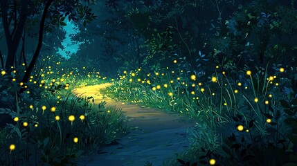  A stunning painting of a forest trail at night, adorned with glowing fireflies dancing on the grass and illuminated trees casting an ethereal glow