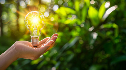 Hand Holding Light Bulb Icon on Green Background: Demonstrates Energy Savings and Transition to Solar and Natural Energy