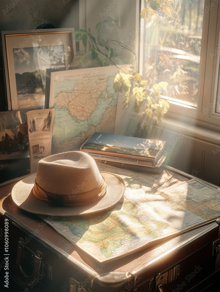 Aufkleber a travel hat rests on an open suitcase with maps and guides, inviting a spirit of adventure in a coz