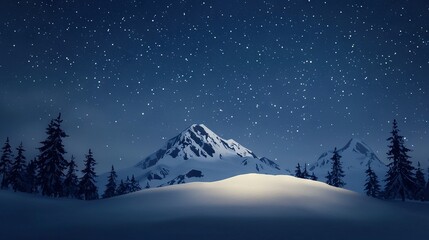   A snow-capped mountain surrounded by trees under a starry night sky