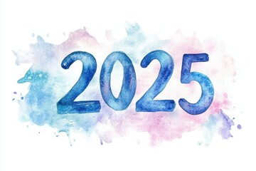 Colorful watercolor design showcasing the year 2025 against a splash background of pastel hues