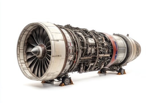 A close-up view of a CFM56 aircraft engine, showcasing its intricate design and powerful capabilities. The engine is depicted in detail, highlighting its turbine blades, compressor, and combustion cha