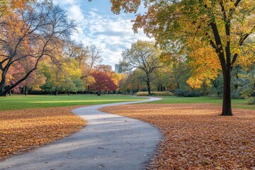 A spacious park blanketed with fallen leaves, surrounded by trees in full autumn bloom, and a winding path guiding through the vibrant scenery.