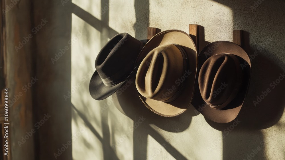 Poster Three classic fedora hats are elegantly displayed on wooden hooks, illuminated by gentle sunlight creating interesting shadows. Generative AI