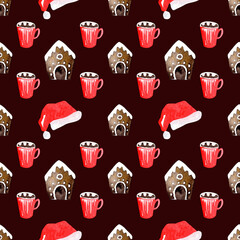 Christmas Watercolor Seamless Pattern. Festive Illustration with Gingerbread House, Cocoa, and Santa Hat on Chocolate Background. Ideal for Design, Print, Fabric, and Backgrounds.