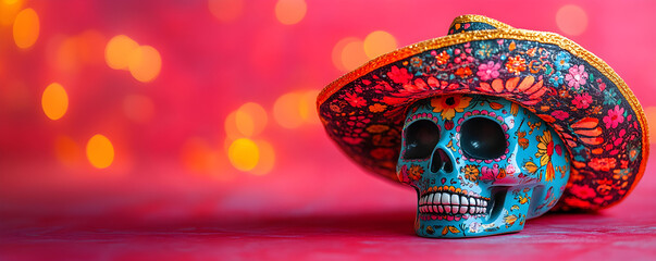 Fototapeta premium Blue sugar skull wearing a sombrero on a vibrant background with copy space with soft bokeh lights.