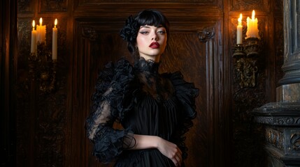 Fototapeta premium Elegant Gothic Fashion Portrait in Dark Academia Style with Woman in Black Dress and Vintage Decor by Candlelight