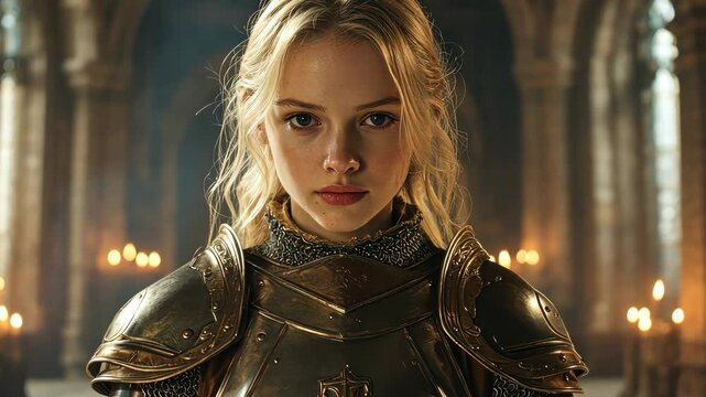 Medieval female warrior posing in a church