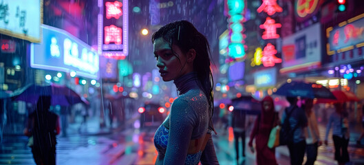 Obraz premium The atmosphere is electric as a young woman poses in a rain-soaked cityscape filled with colorful neon signs. Umbrella-toting pedestrians weave through the streets, enhancing the lively scene
