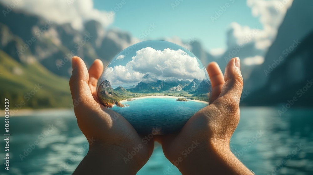 Poster hands holding a tiny world in close-up view