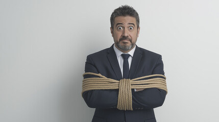 Businessman in suit tied with rope, concept of stress, challenges, or constraints in professional life, worried expression