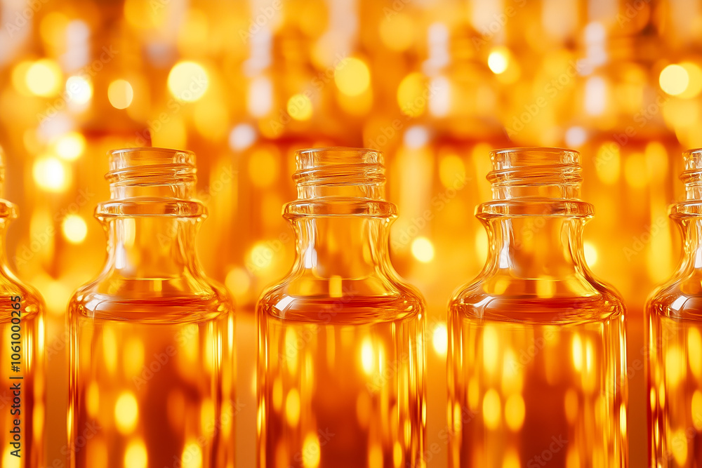 Poster a mesmerizing array of amber bottles filled with essential oils gleams softly, creating a warm and i