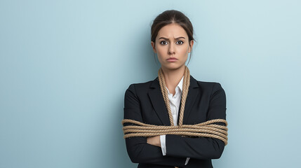 Worried businesswoman tied with rope, workplace stress, challenges, feeling constrained, concept of professional struggle and limitation