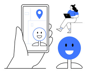 Hand holds a smartphone with map and location icon beside smiling face, seated person using tablet. Ideal for navigation apps, digital assists, user interfaces, mobile tech, customer support, tech