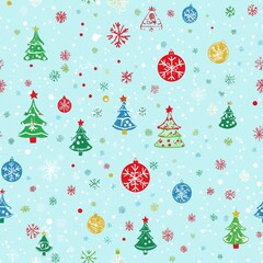 Watercolor Christmas pattern featuring trees, ornaments, and snowflakes on a light blue background in celebration of the holiday season. Merry christmas and happy new year concept.