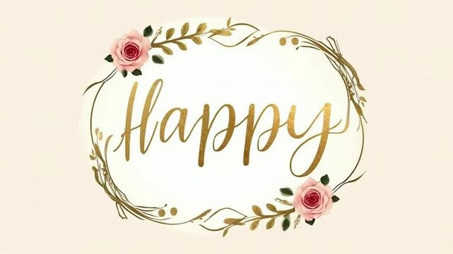 vintage script font happy framed by floral wreath, falling rose petals with soft vintage filter, elegant wedding design featuring floral elements, charming animation of petals and vintage typography