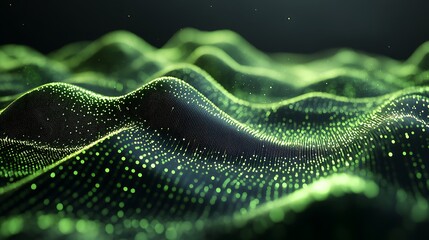Black abstract design with green dots and lines forming flowing waves on 3D-rendered mountain textures