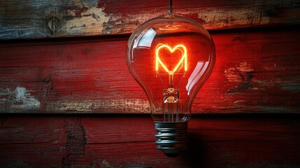 The glowing light bulb with a heart symbol inside on a red wooden background