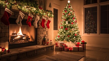 A cozy living room is illuminated by the glow of a fireplace, featuring a beautifully adorned Christmas tree surrounded by festive decorations and gifts