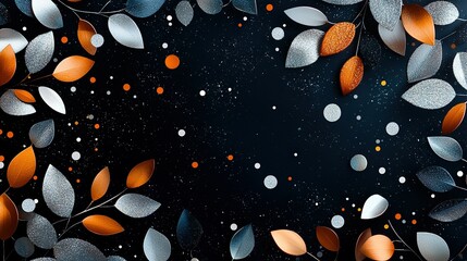   Black background with silver and orange leaves and dots on both sides
