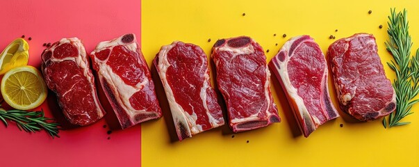 Steakhouse menu, bold colors with meat cuts, 3D illustration