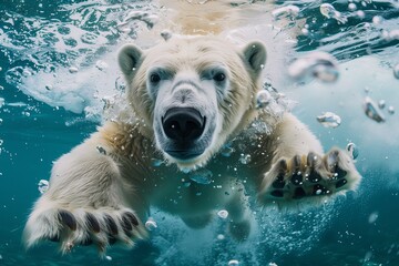 Polar bear attacking underwater with full paw blow details
