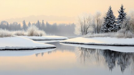   A body of water encircled by snow-laden trees and a distant forest, with a gentle covering of snow on the ground